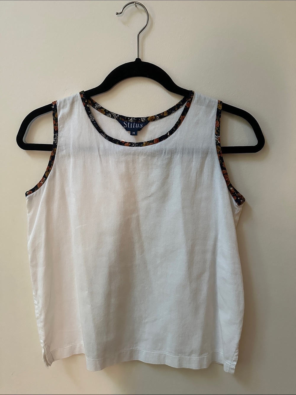 2/$20 White Sleeveless Tank with Floral-Trim Neckline